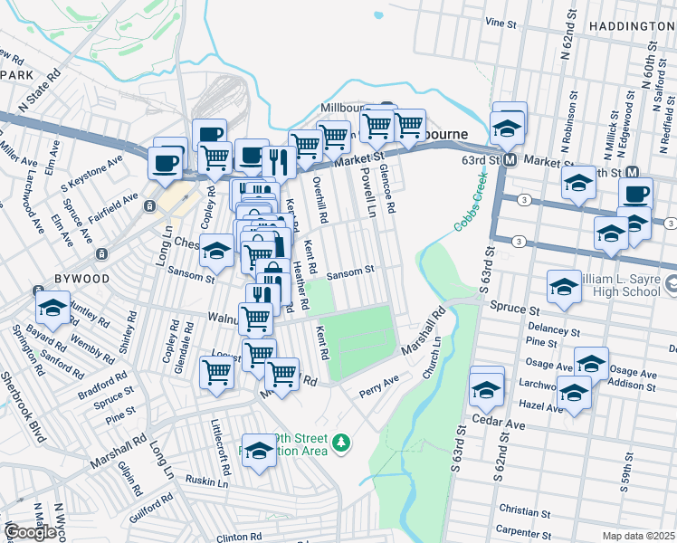 map of restaurants, bars, coffee shops, grocery stores, and more near 138 Overhill Road in Upper Darby