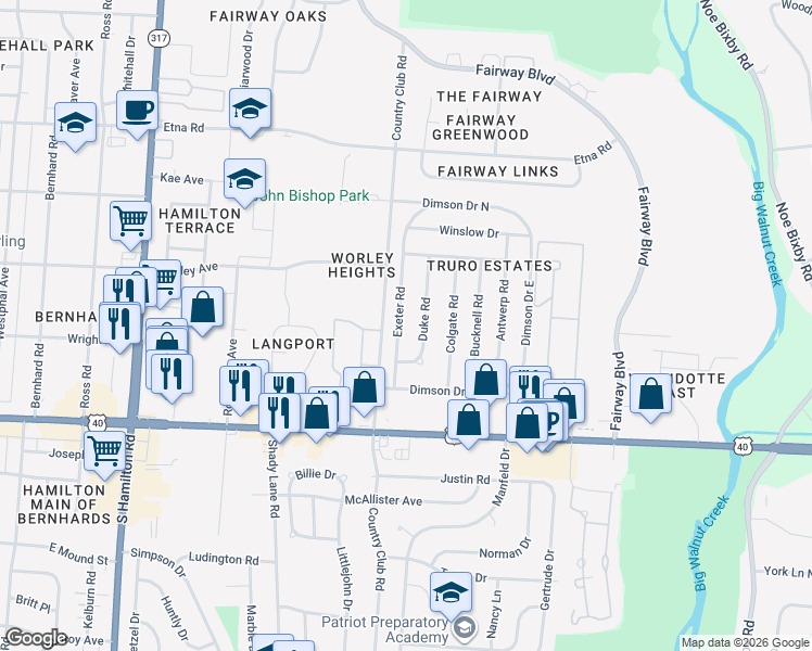 map of restaurants, bars, coffee shops, grocery stores, and more near 942 Exeter Road in Columbus