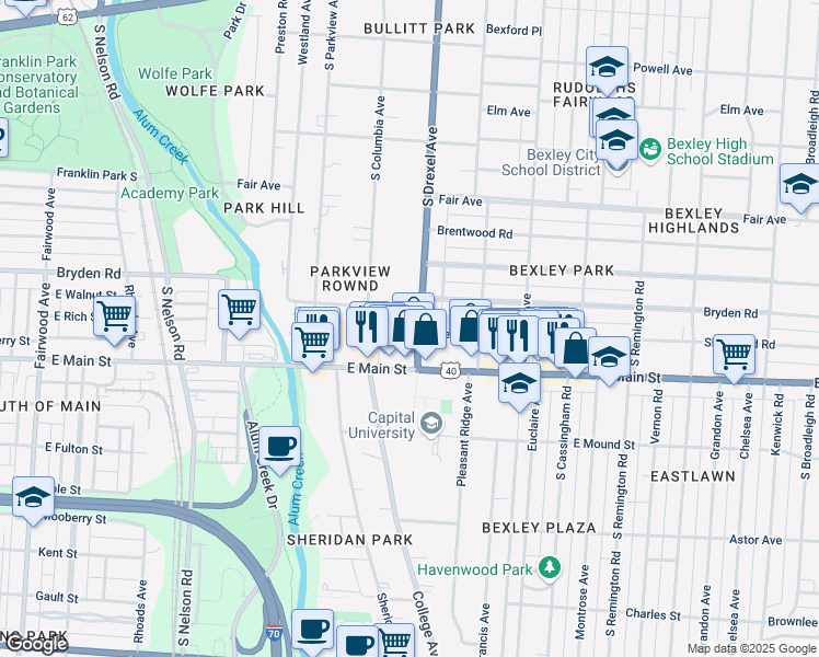 map of restaurants, bars, coffee shops, grocery stores, and more near 515 South Drexel Avenue in Bexley