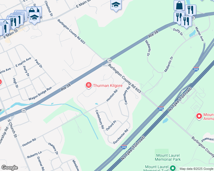 map of restaurants, bars, coffee shops, grocery stores, and more near 5 East Coach Lane in Mount Laurel