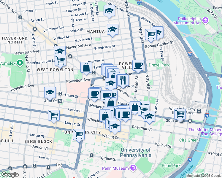 map of restaurants, bars, coffee shops, grocery stores, and more near 3631 Warren Street in Philadelphia