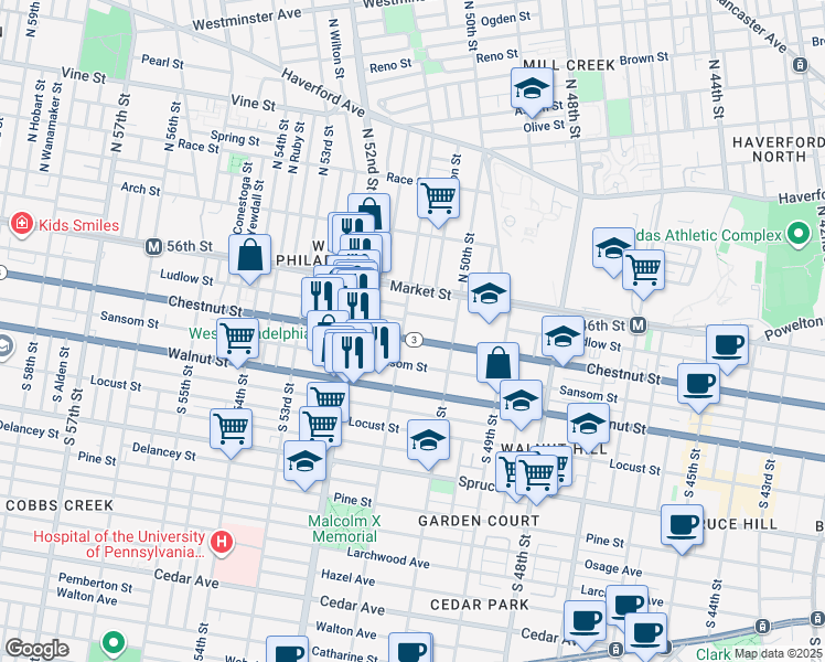 map of restaurants, bars, coffee shops, grocery stores, and more near 5043 Chestnut Street in Philadelphia