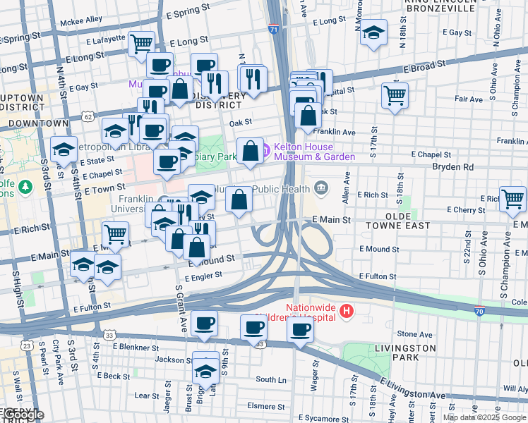 map of restaurants, bars, coffee shops, grocery stores, and more near 569 East Cherry Street in Columbus