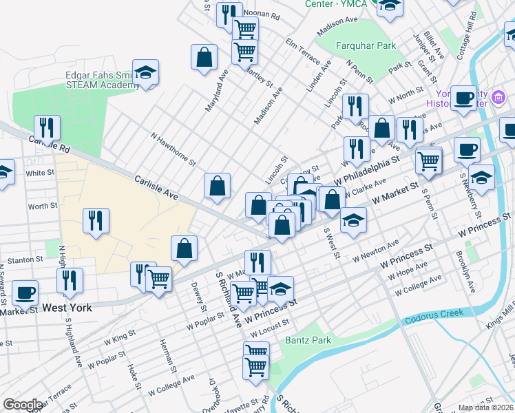 map of restaurants, bars, coffee shops, grocery stores, and more near 739 W Philadelphia St in York