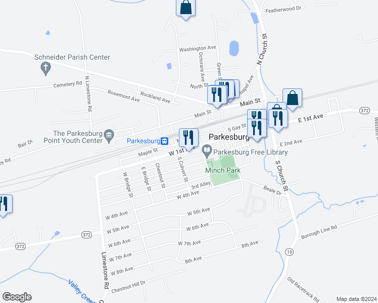 map of restaurants, bars, coffee shops, grocery stores, and more near 428 West 1st Avenue in Parkesburg