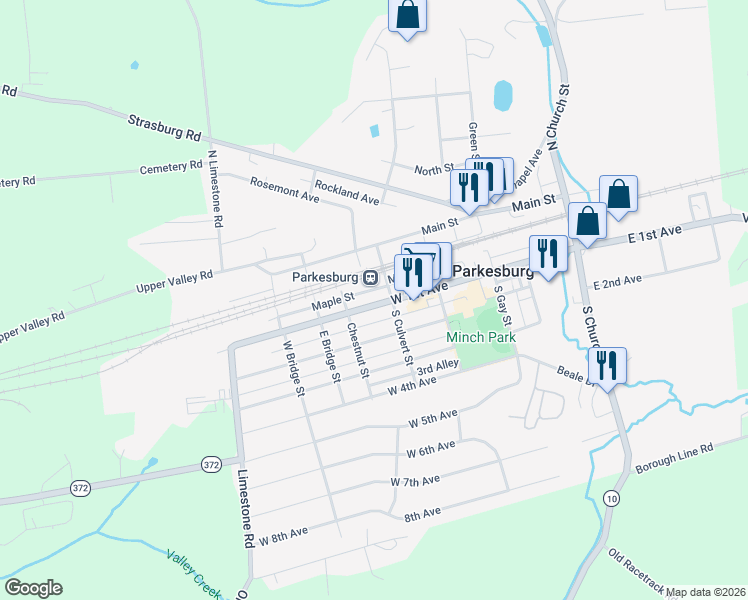 map of restaurants, bars, coffee shops, grocery stores, and more near 523 West 1st Avenue in Parkesburg