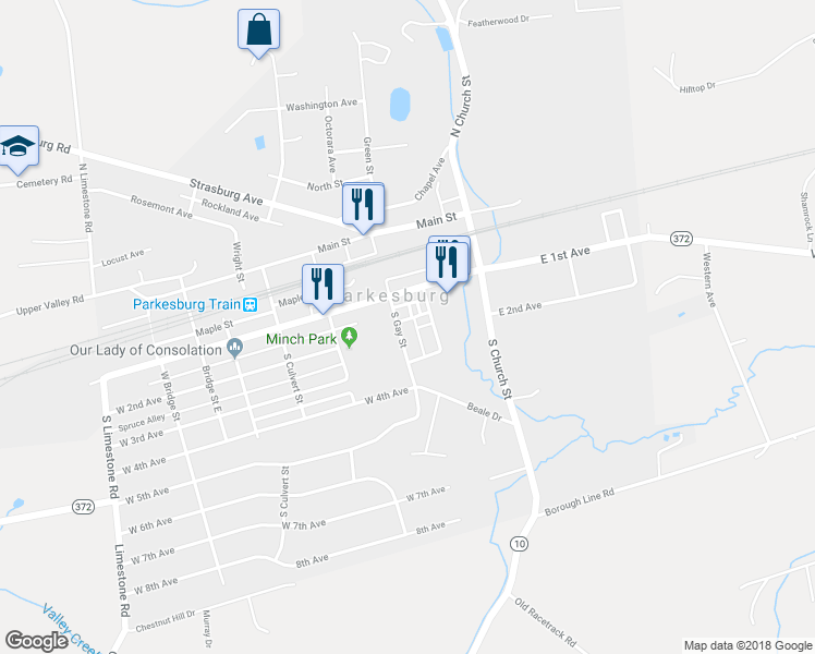 map of restaurants, bars, coffee shops, grocery stores, and more near 129 South Gay Street in Parkesburg