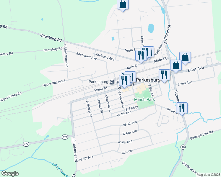 map of restaurants, bars, coffee shops, grocery stores, and more near 523 West 1st Avenue in Parkesburg