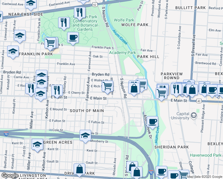map of restaurants, bars, coffee shops, grocery stores, and more near 447 Rhoads Avenue in Columbus