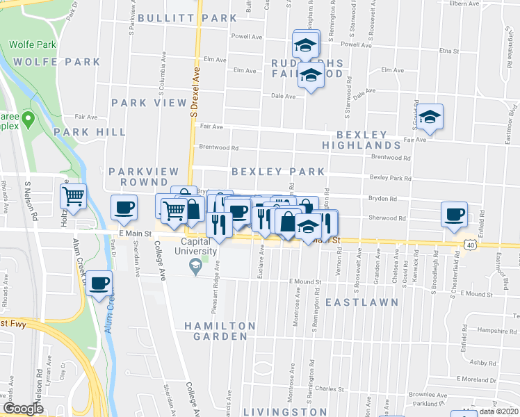map of restaurants, bars, coffee shops, grocery stores, and more near 2448 Sherwood Road in Columbus