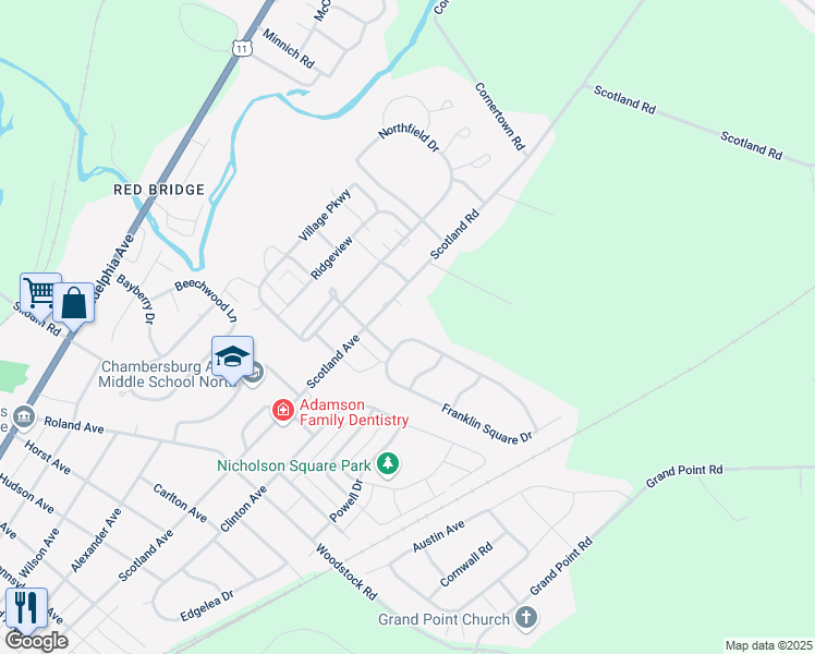 map of restaurants, bars, coffee shops, grocery stores, and more near 768 Franklin Square Drive in Chambersburg