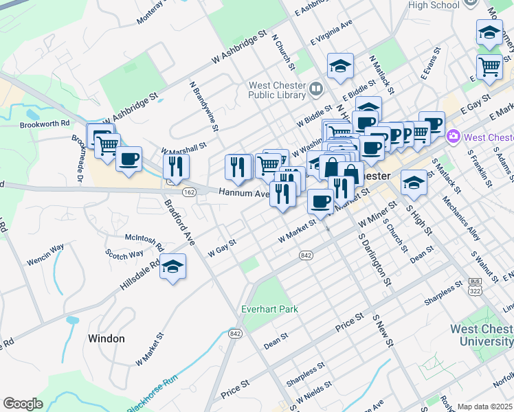 map of restaurants, bars, coffee shops, grocery stores, and more near 426 West Chestnut Street in West Chester