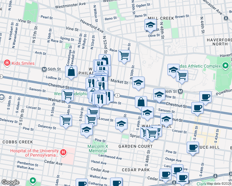 map of restaurants, bars, coffee shops, grocery stores, and more near 5047 Chestnut St in Philadelphia