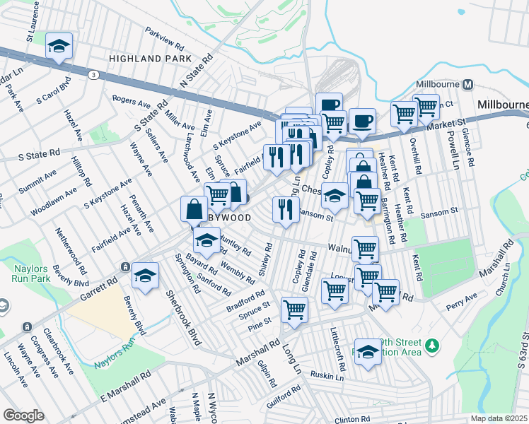 map of restaurants, bars, coffee shops, grocery stores, and more near 125 Normandy Road in Upper Darby