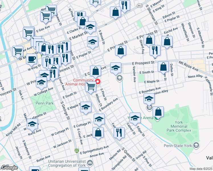 map of restaurants, bars, coffee shops, grocery stores, and more near 323 Harding Court in York