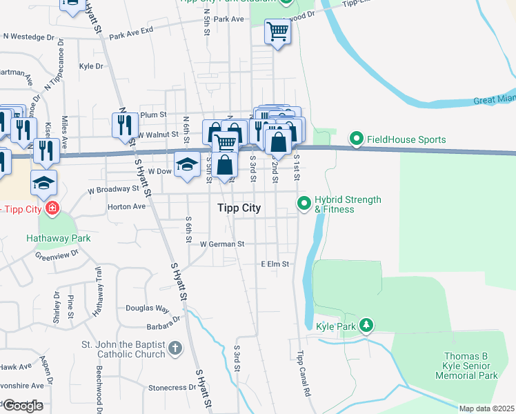 map of restaurants, bars, coffee shops, grocery stores, and more near 224 South 3rd Street in Tipp City