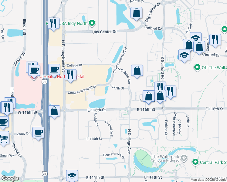 map of restaurants, bars, coffee shops, grocery stores, and more near 117th Street in Carmel