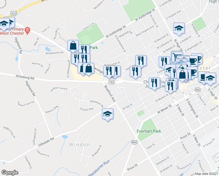 map of restaurants, bars, coffee shops, grocery stores, and more near 215 Debaptiste Lane in West Chester