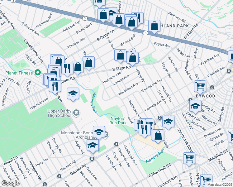 map of restaurants, bars, coffee shops, grocery stores, and more near 601 Ridgewood Road in Delaware County