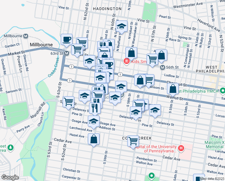 map of restaurants, bars, coffee shops, grocery stores, and more near 5914 Walnut Street in Philadelphia