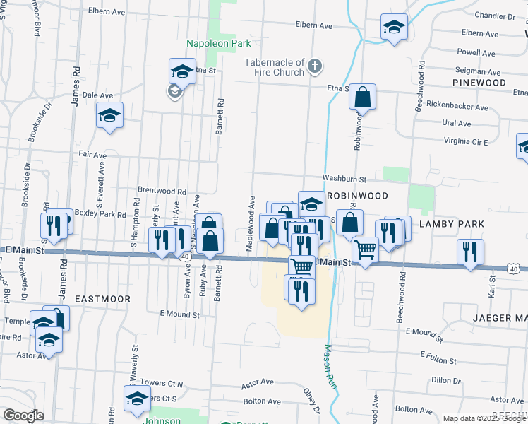 map of restaurants, bars, coffee shops, grocery stores, and more near 698 Maplewood Avenue in Columbus