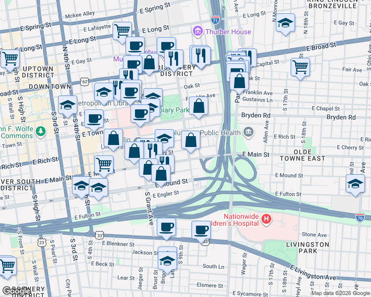 map of restaurants, bars, coffee shops, grocery stores, and more near 256 South Washington Avenue in Columbus