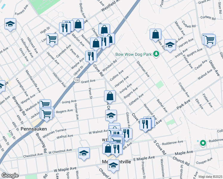 map of restaurants, bars, coffee shops, grocery stores, and more near 2801 Cove Road in Pennsauken Township
