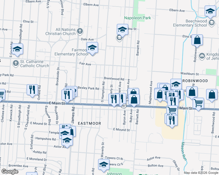 map of restaurants, bars, coffee shops, grocery stores, and more near 659 South Waverly Street in Columbus