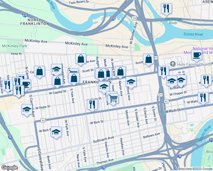 map of restaurants, bars, coffee shops, grocery stores, and more near 32 Avondale Avenue in Columbus