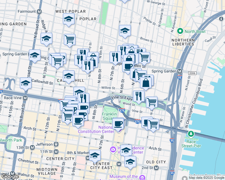 map of restaurants, bars, coffee shops, grocery stores, and more near 659 Callowhill Street in Philadelphia