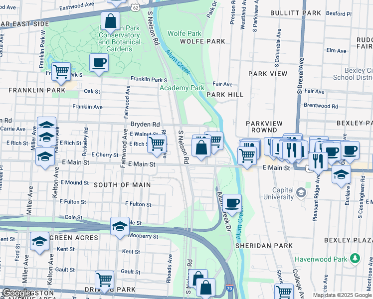 map of restaurants, bars, coffee shops, grocery stores, and more near 470 South Nelson Road in Columbus