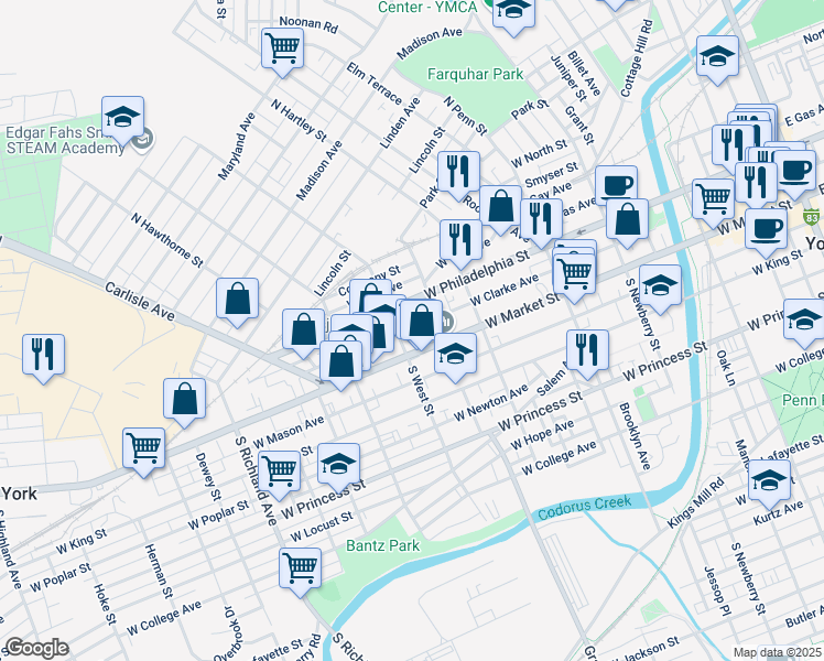 map of restaurants, bars, coffee shops, grocery stores, and more near 581 West Clarke Avenue in York
