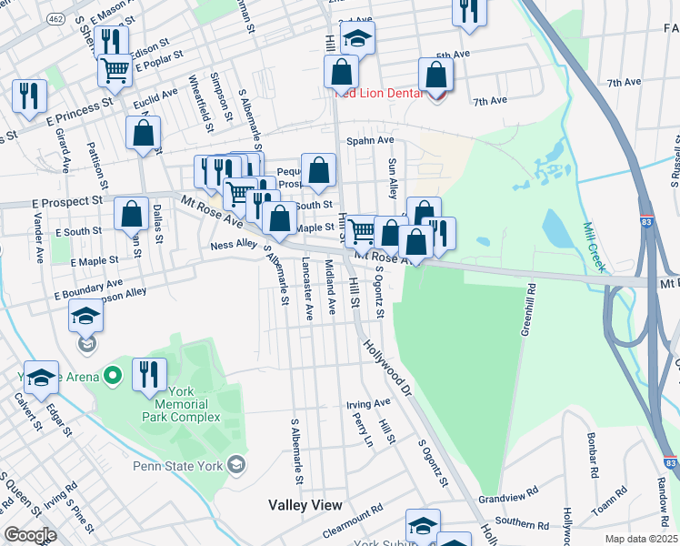 map of restaurants, bars, coffee shops, grocery stores, and more near 767 Midland Avenue in York