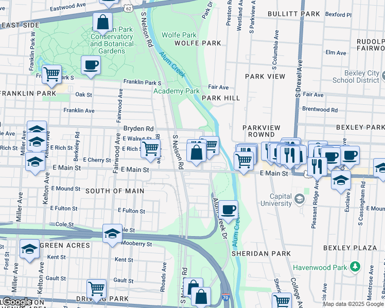 map of restaurants, bars, coffee shops, grocery stores, and more near 470 South Nelson Road in Columbus