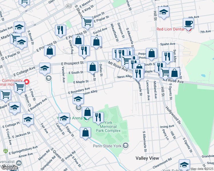map of restaurants, bars, coffee shops, grocery stores, and more near 918 East Boundary Avenue in York