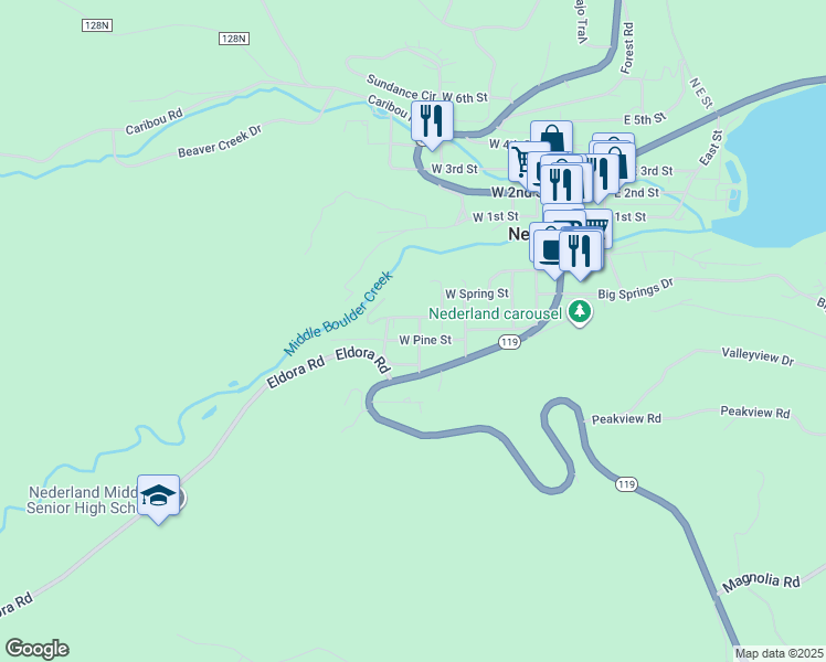 map of restaurants, bars, coffee shops, grocery stores, and more near 350 South Hendricks Street in Nederland