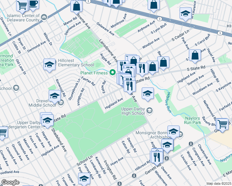 map of restaurants, bars, coffee shops, grocery stores, and more near 741 Derwyn Road in Drexel Hill