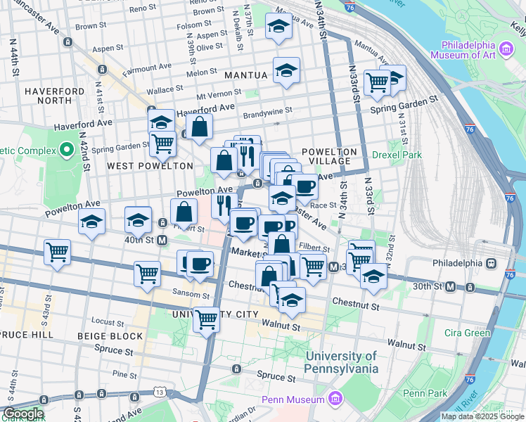 map of restaurants, bars, coffee shops, grocery stores, and more near 225 North 38th Street in Philadelphia