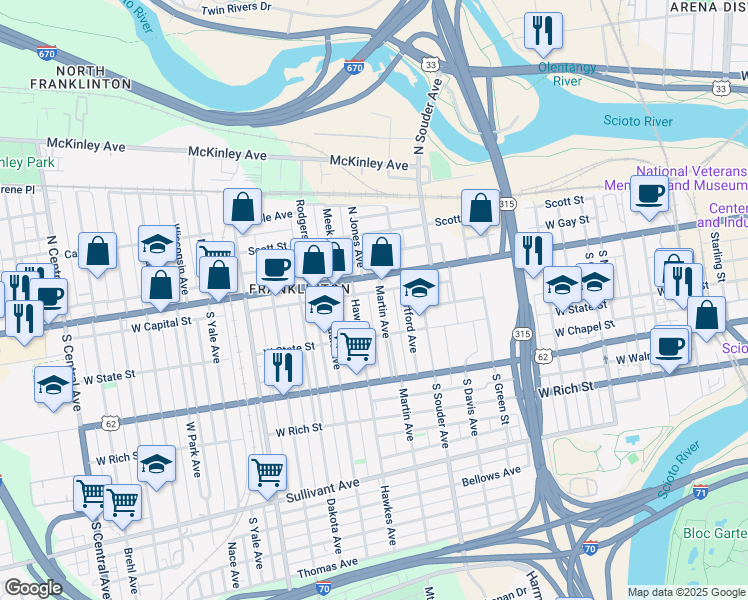 map of restaurants, bars, coffee shops, grocery stores, and more near 37 Martin Avenue in Columbus