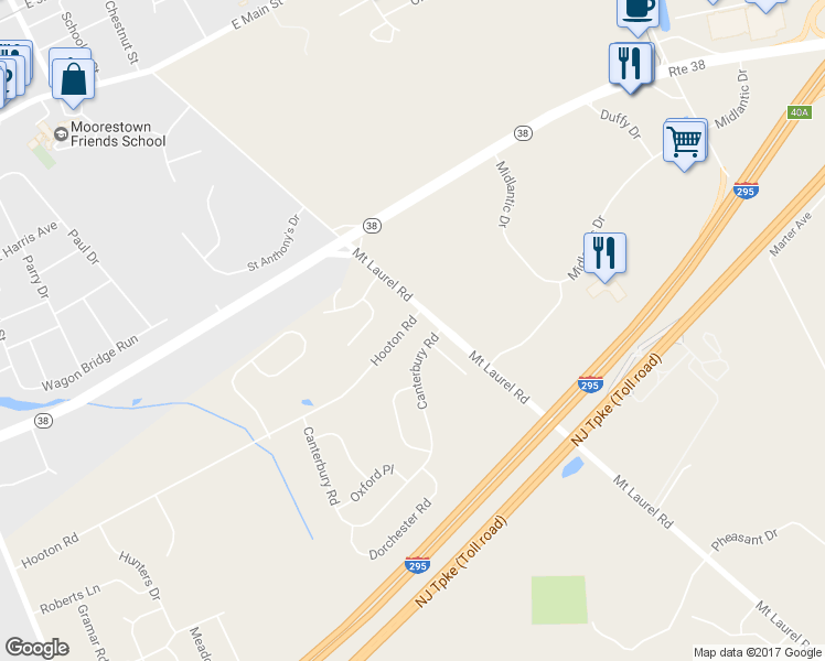 map of restaurants, bars, coffee shops, grocery stores, and more near 104 Hooton Road in Mount Laurel