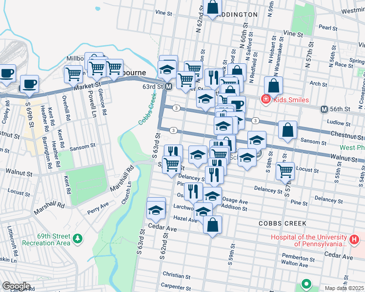 map of restaurants, bars, coffee shops, grocery stores, and more near 243 South 62nd Street in Philadelphia