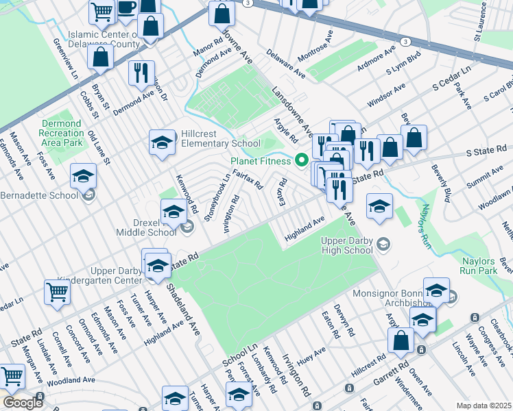 map of restaurants, bars, coffee shops, grocery stores, and more near 825 Gainsboro Road in Upper Darby