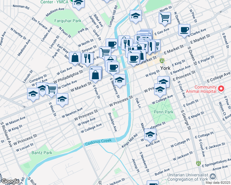 map of restaurants, bars, coffee shops, grocery stores, and more near 116 South Newberry Street in York