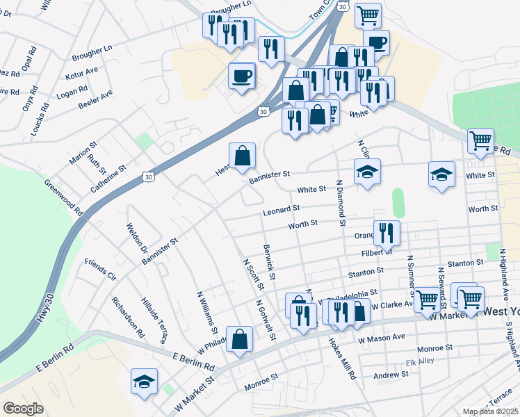 map of restaurants, bars, coffee shops, grocery stores, and more near 37 Ridgeway Drive in York