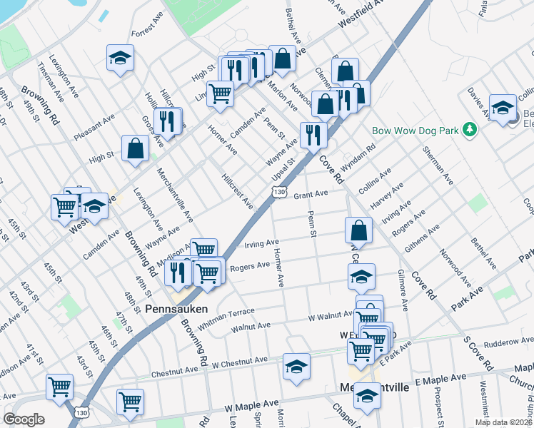 map of restaurants, bars, coffee shops, grocery stores, and more near 2617 Horner Avenue in Pennsauken Township