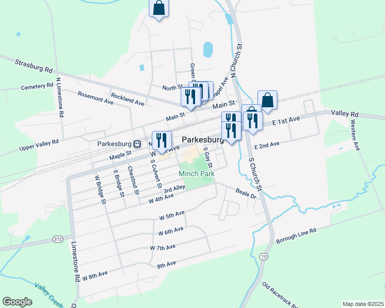 map of restaurants, bars, coffee shops, grocery stores, and more near 310 West 1st Avenue in Parkesburg