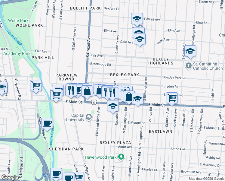 map of restaurants, bars, coffee shops, grocery stores, and more near 2448 Sherwood Road in Columbus