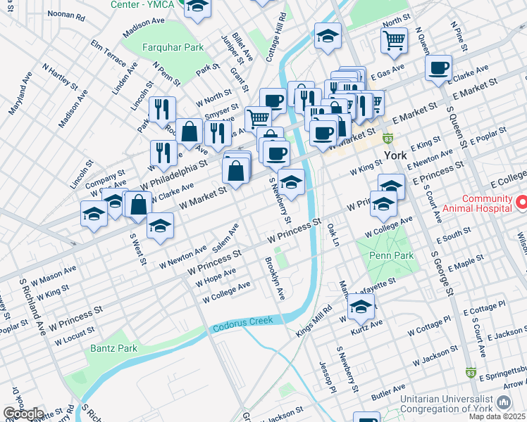 map of restaurants, bars, coffee shops, grocery stores, and more near 338 West King Street in York