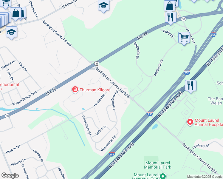 map of restaurants, bars, coffee shops, grocery stores, and more near 104 Hooton Road in Mount Laurel