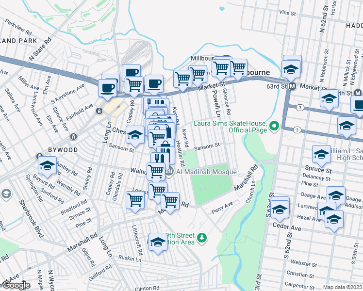 map of restaurants, bars, coffee shops, grocery stores, and more near 129 Heather Road in Delaware County